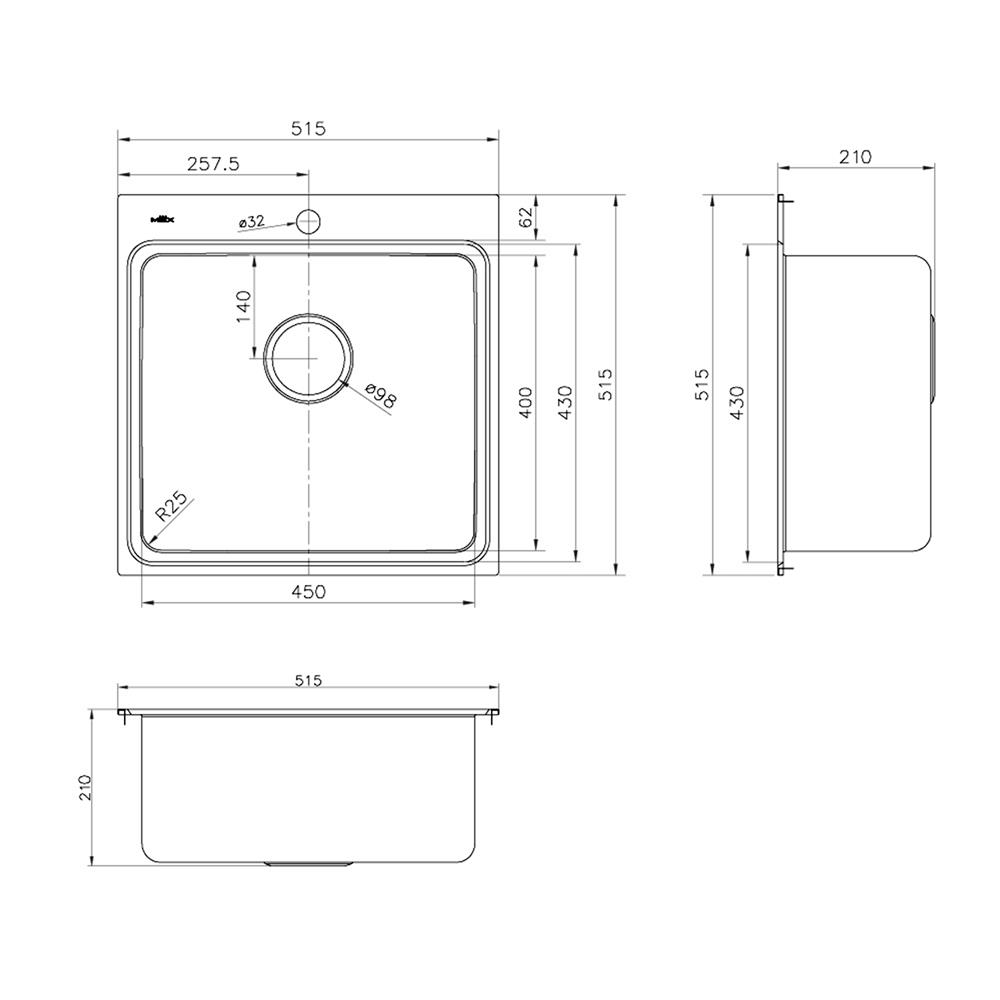 ซิงค์ฝัง 1 หลุม MEX BIX50BM-MF 51.5 ซม. สีเงิน